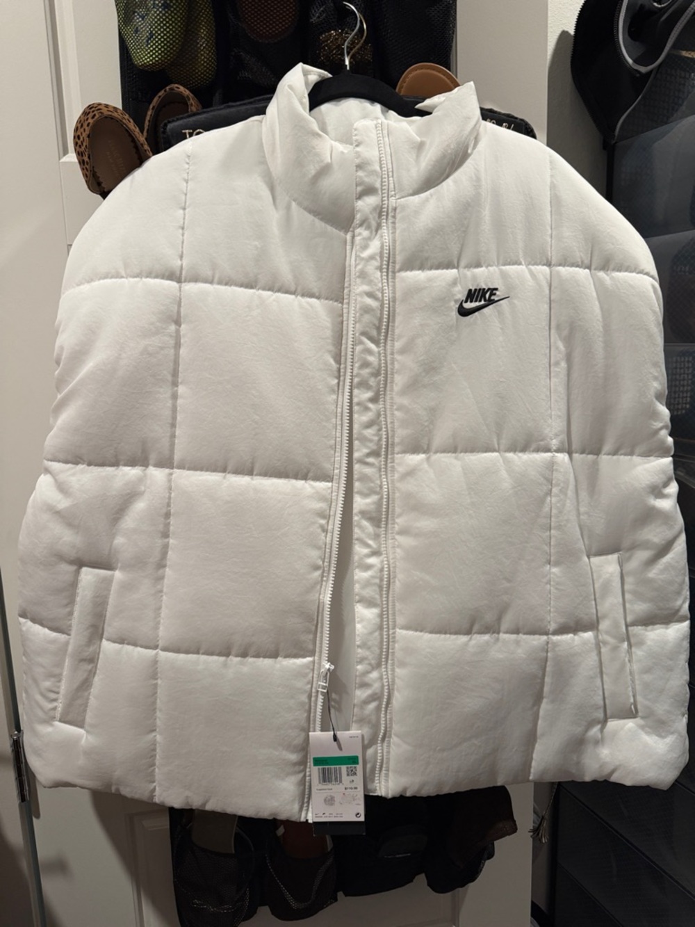 Nike White Quilted Puffer Jacket with Black Swoosh